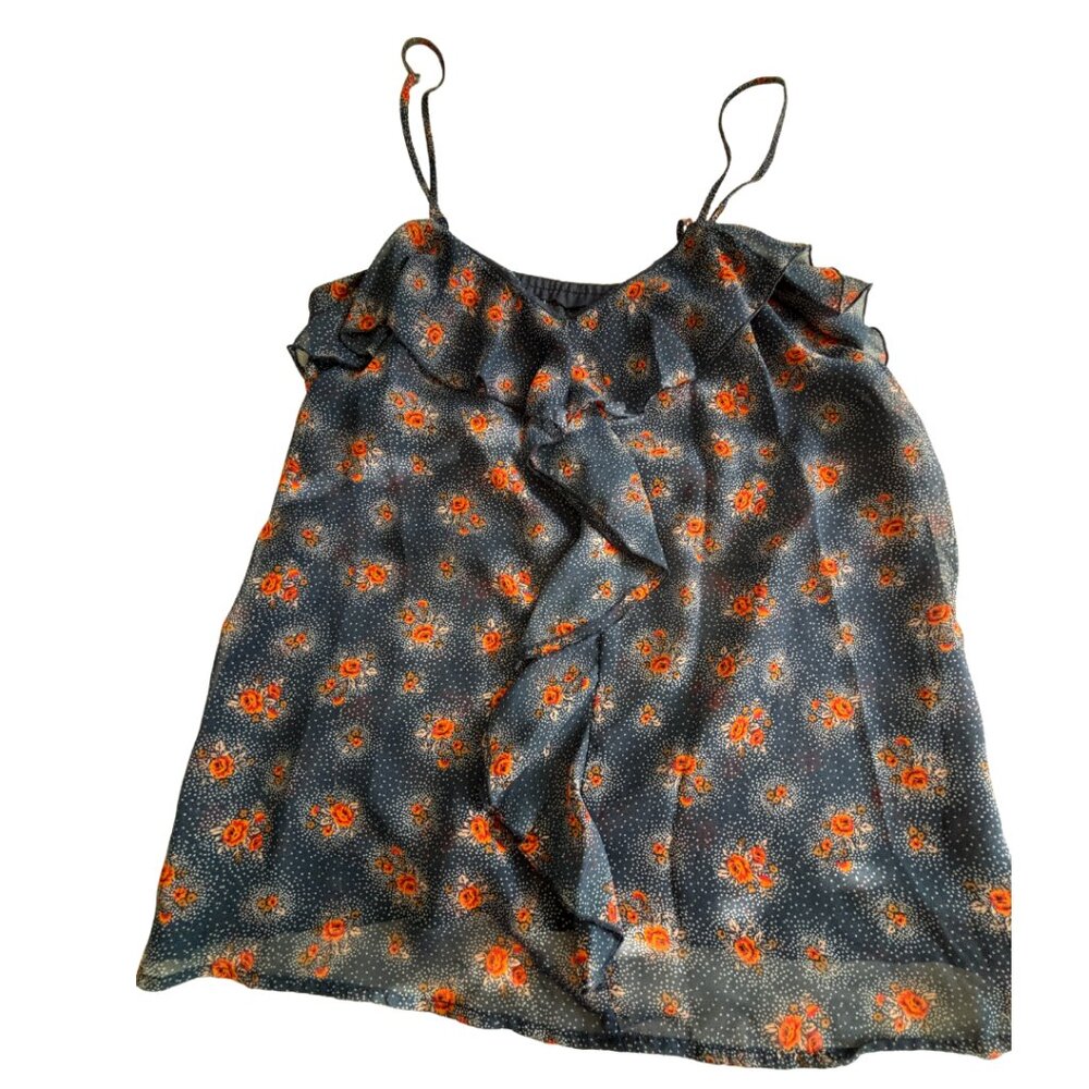 Sheer ruffled tank navy with orange flowers - M?